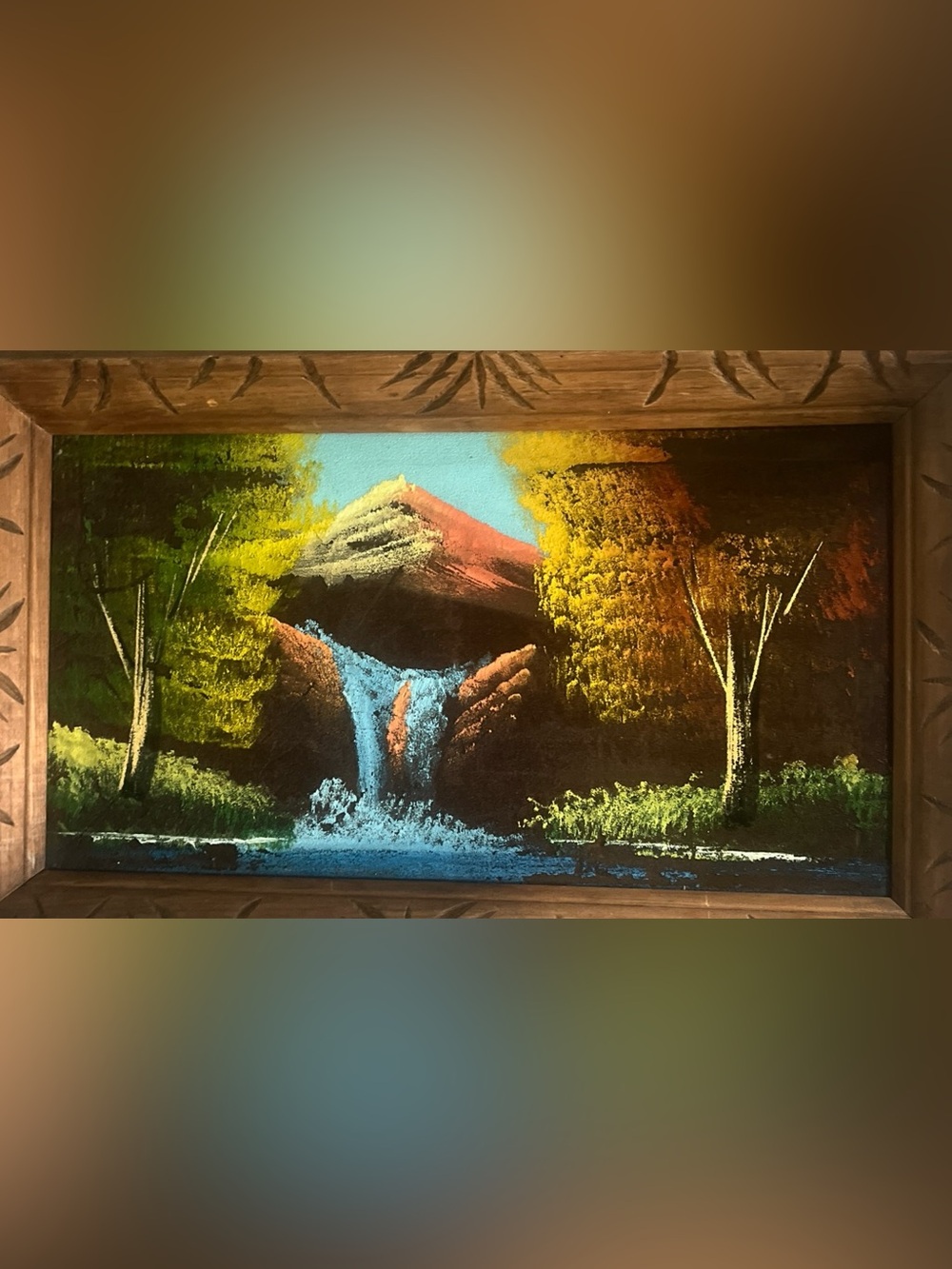 VTG Black Velvet Painting Waterfall Landscape Carved Wood Frame 22x13